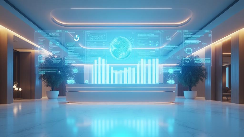 Modern hotel lobby with digital management software overlay