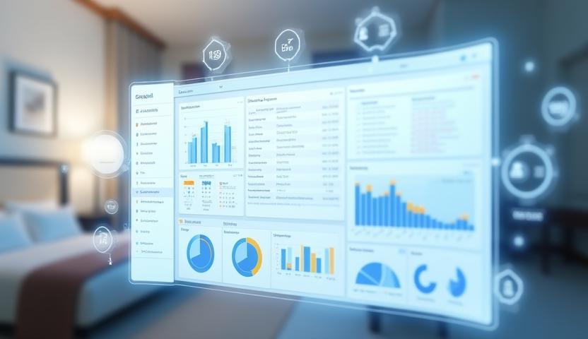Hotel management software dashboard showing key features